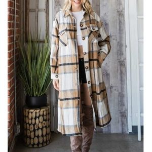 ON BLUE Tan Plaid Brushed Flannel Long Shirt Shacket Western Boho Duster Coat
